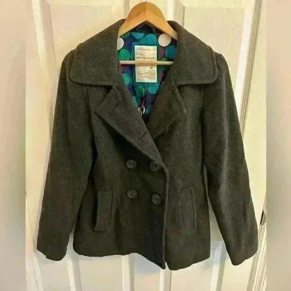 Aeropostale Women’s L Pea Coat Gray Wool Blend Double Breasted Button Front - Picture 2 of 3